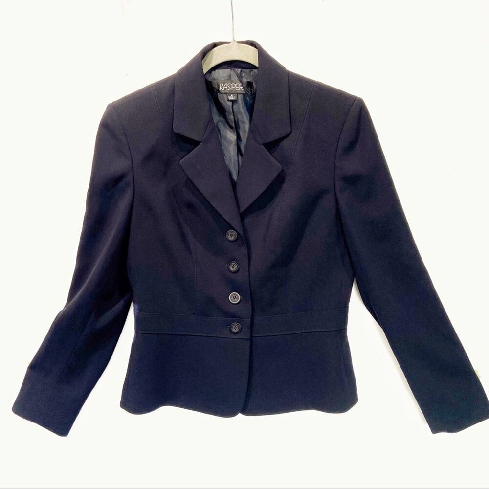 Kasper Blazer Peplum Jacket Fitted 4 Button Black Size 4 Retro Lined Classic